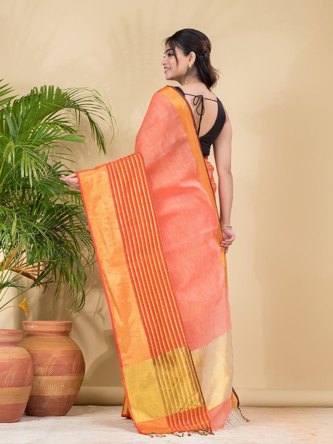 Cotton Linen Handloom Saree With Pale Orange - 014