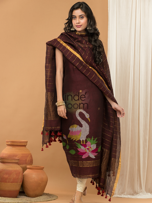 Handwoven Jamdani Linen Unstitched 2-piece Kurti  |  Wine Red