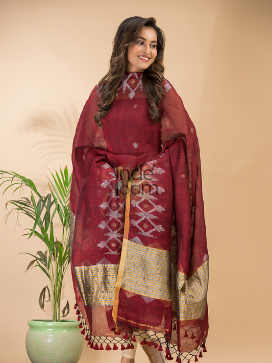 Red Brown Linen X Line2-Piece Set Kurti & Dupatta (UNSTITCHED) - 128