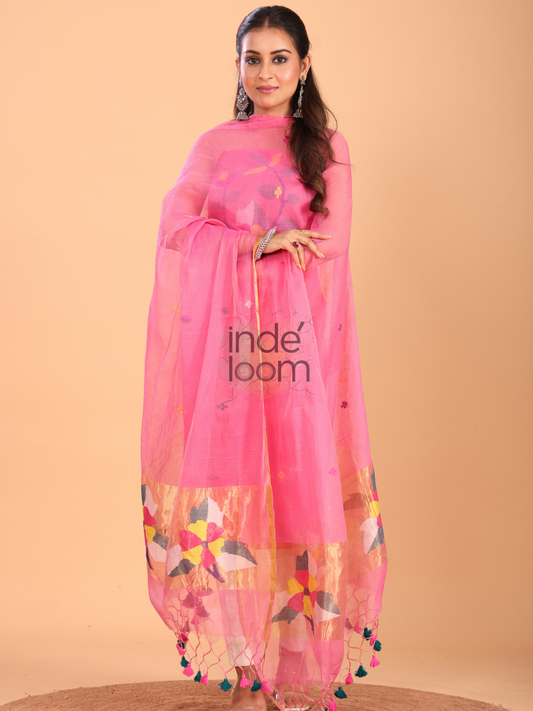 Hot Pink Silk Jamdani 2-Piece Set Kurti & Dupatta (UNSTITCHED) - 066