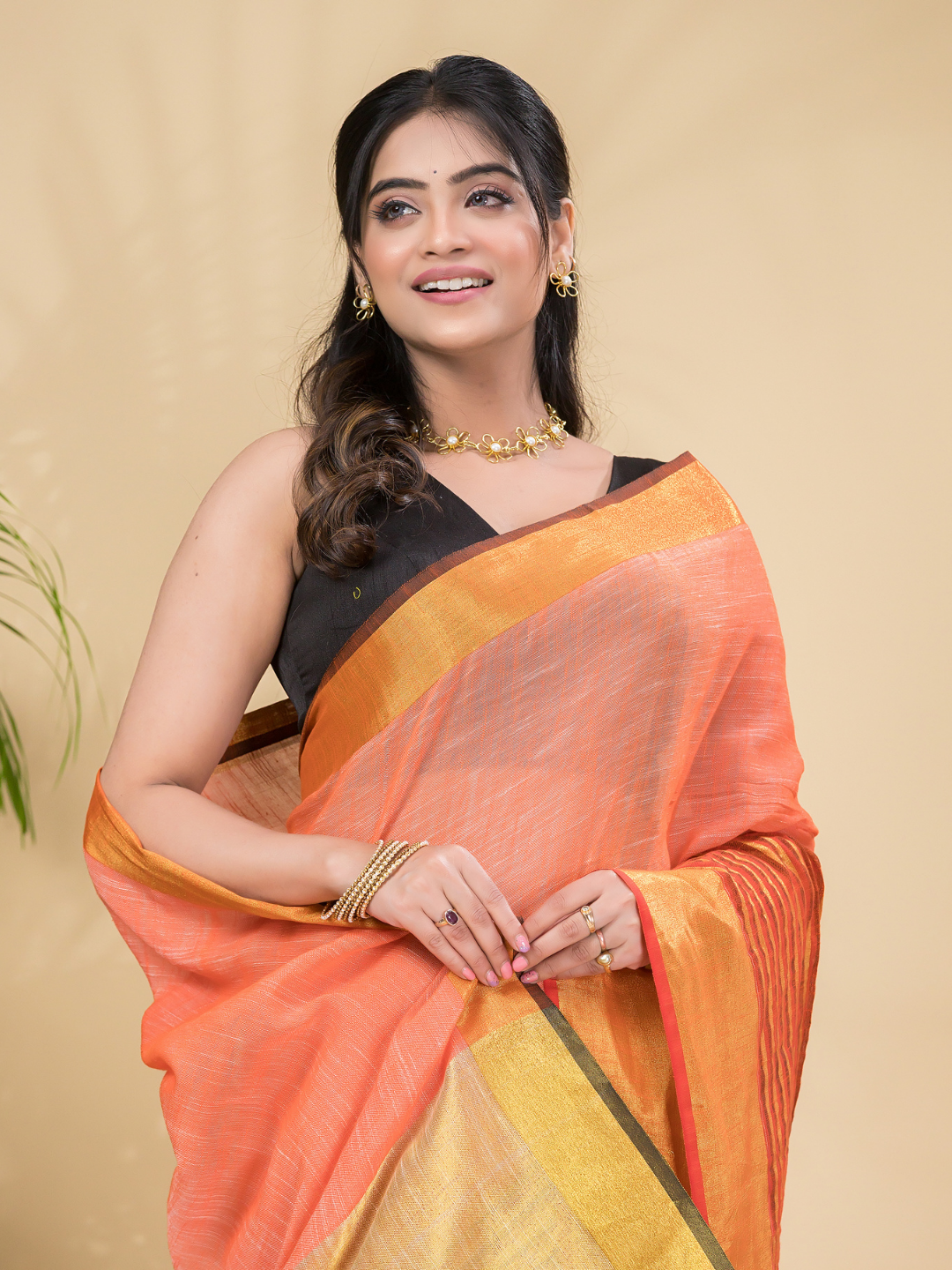 Cotton Linen Handloom Saree With Pale Orange - 014