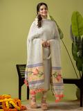 Handwoven Jamdani Linen Kurti | Basil Green  and Green | All-over Buttas with Floral border