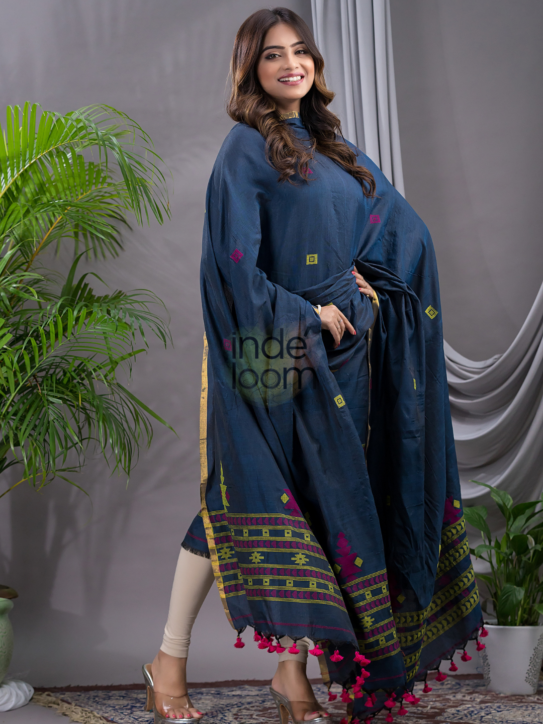 Space Blue Cotton Jamdani 2-Piece Set Kurti & Dupatta (UNSTITCHED) - 115