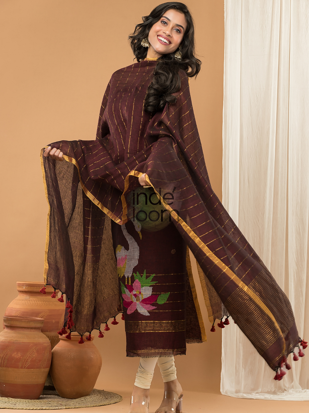 Linen Jamdani Unstitched 2-Piece Kurti  |  Wine Red