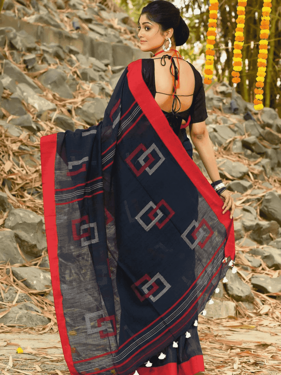 Jet Black -Handloom Cotton Saree-076 - indeloom