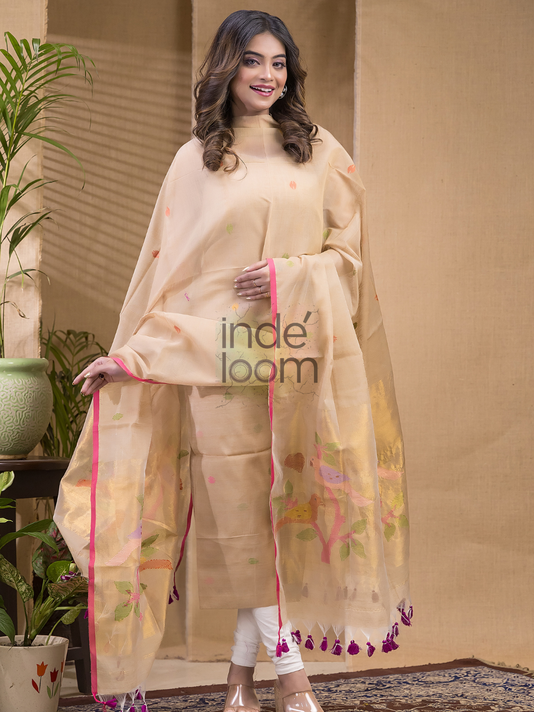 Cream Jamdani 2-Piece Set Kurti & Dupatta (UNSTITCHED) -684