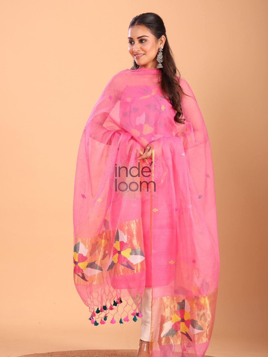 Hot Pink Silk Jamdani 2-Piece Set Kurti & Dupatta (UNSTITCHED) - 066