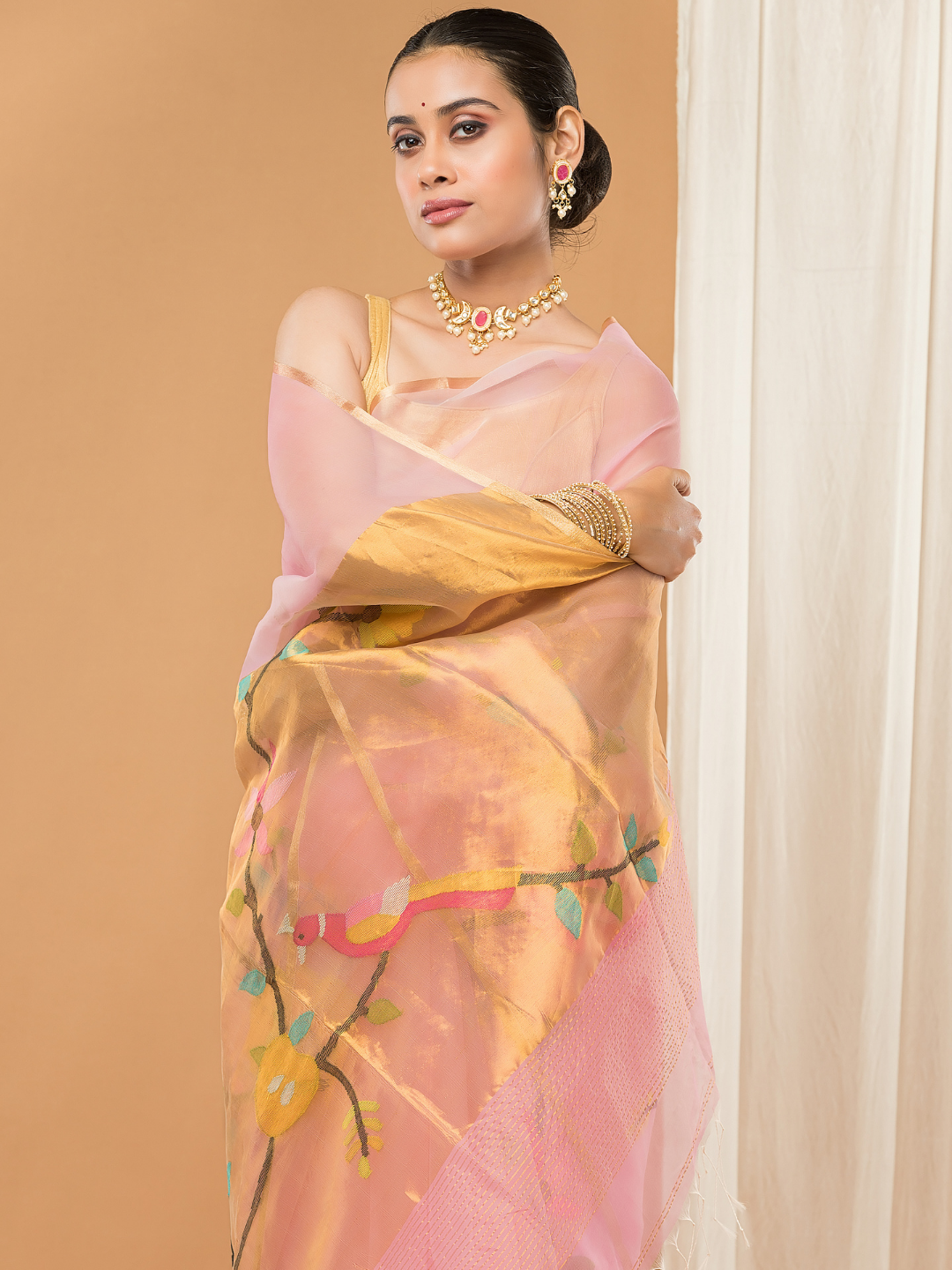 Tissue Muslin Jamdani Saree With Light Pink -007