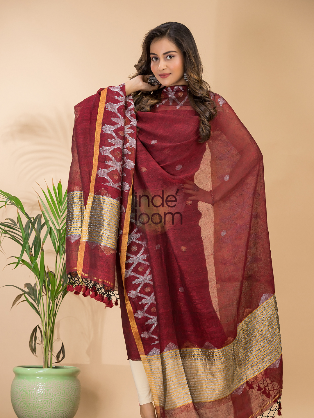 Terracotta Rouge | Handloom Jamdani Linen Unstitched 2-Piece Kurti | Dhakai Design