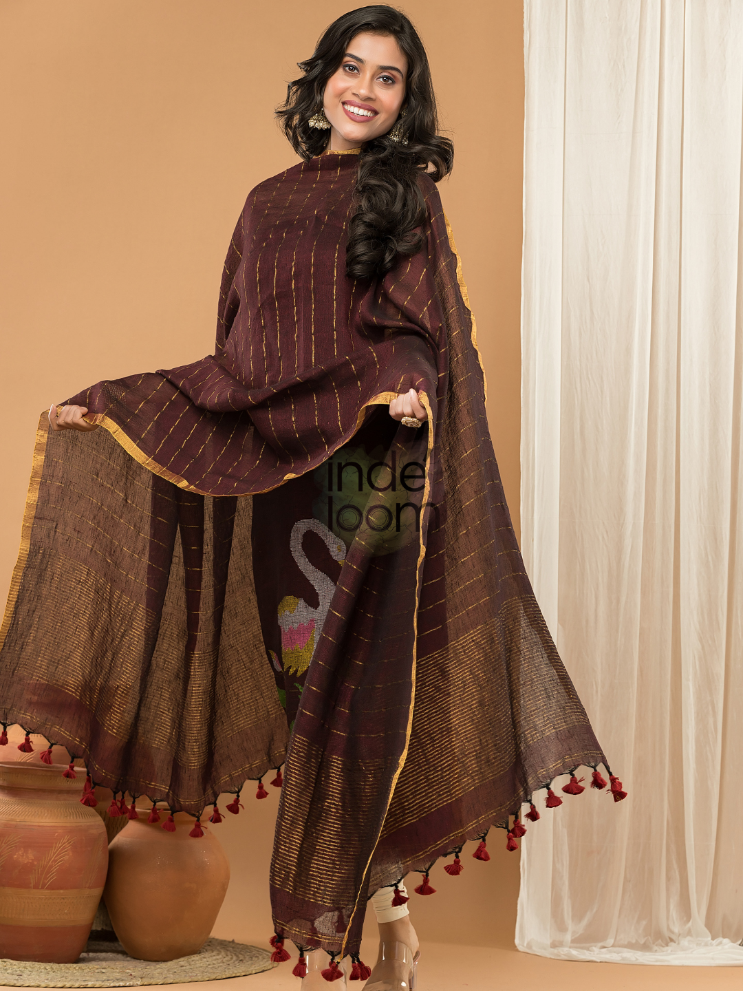 Linen Jamdani Unstitched 2-Piece Kurti  |  Wine Red