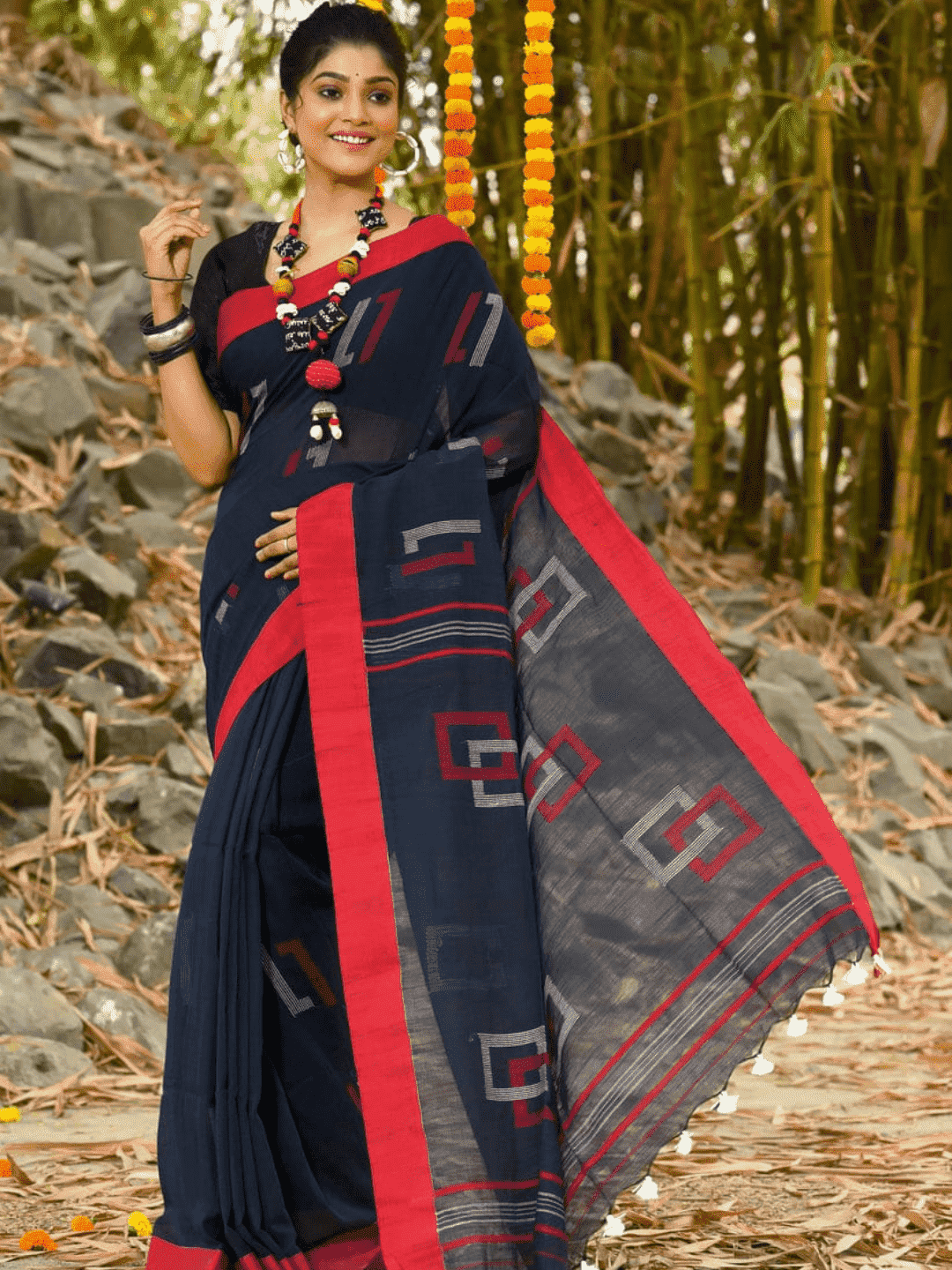 Jet Black -Handloom Cotton Saree-076 - indeloom