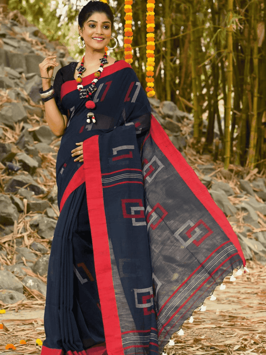 Jet Black -Handloom Cotton Saree-076 - indeloom