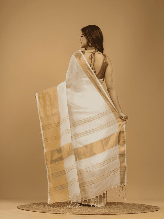 Cream White Linen Golden Zari Saree - 016 - indeloom