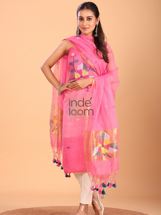 Hot Pink Silk Jamdani 2-Piece Set Kurti & Dupatta (UNSTITCHED) - 066