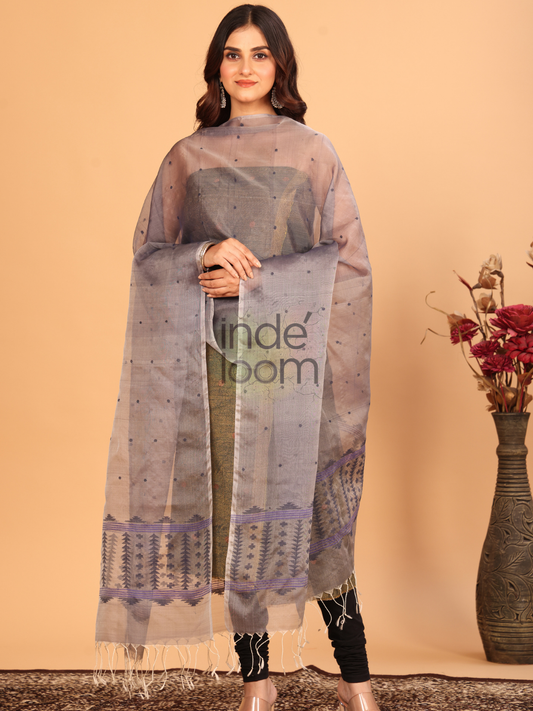 Pure Handloom Muslin Jamdani Dupatta With Off Black - 024