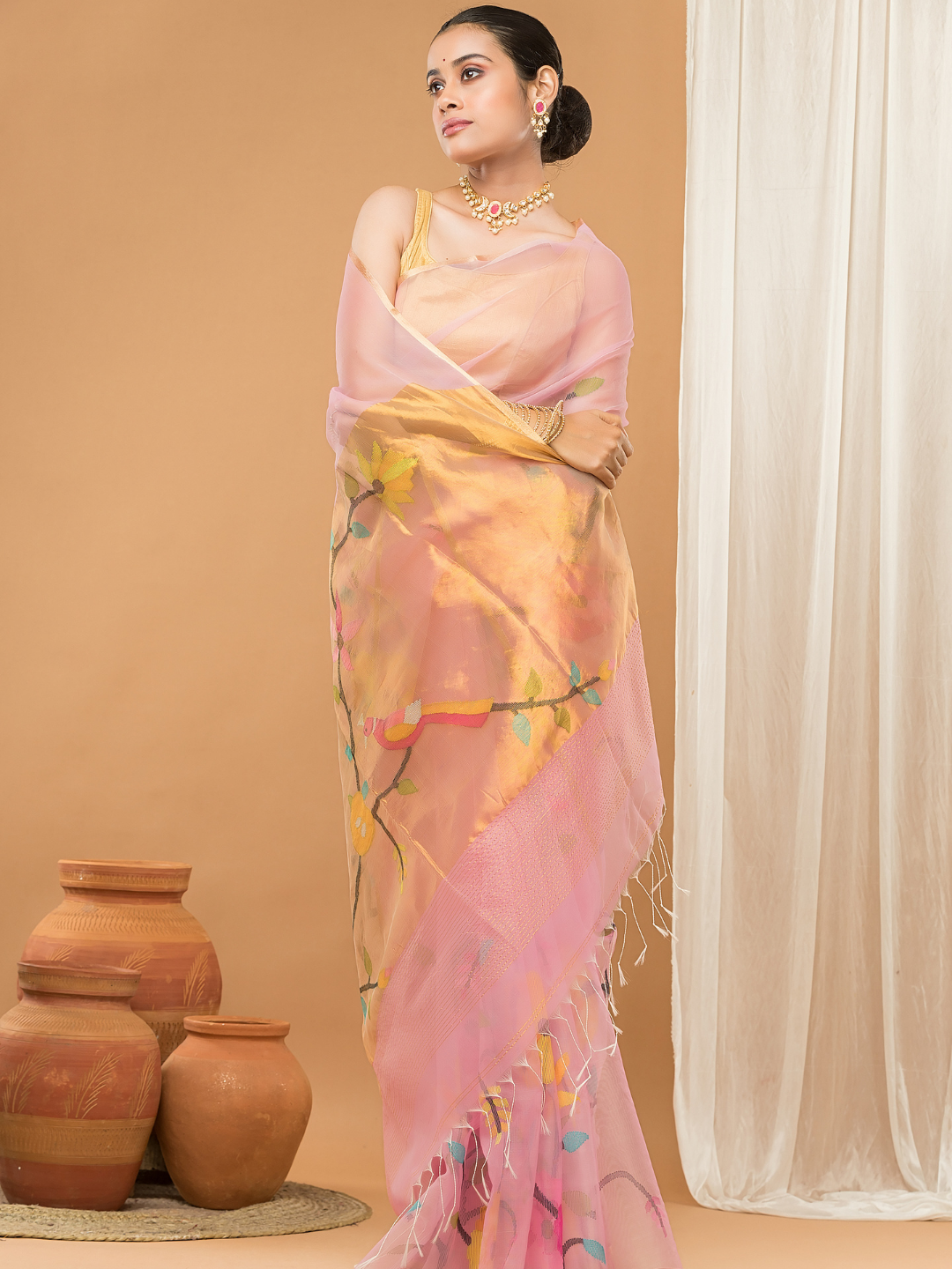 Tissue Muslin Jamdani Saree With Light Pink -007