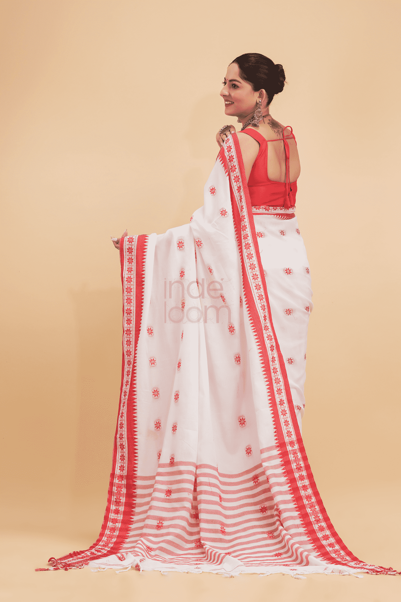 Durga Puja Saree Handloom Cotton Red Border- 015 - indeloom