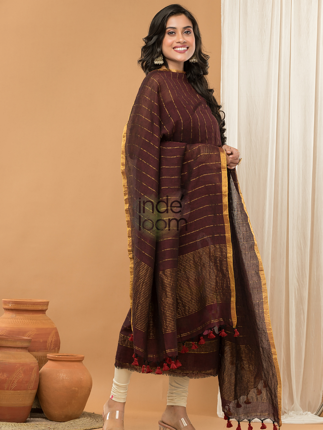 Linen Jamdani Unstitched 2-Piece Kurti  |  Wine Red