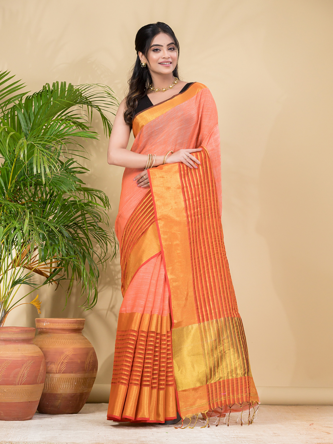 Cotton Linen Handloom Saree With Pale Orange - 014