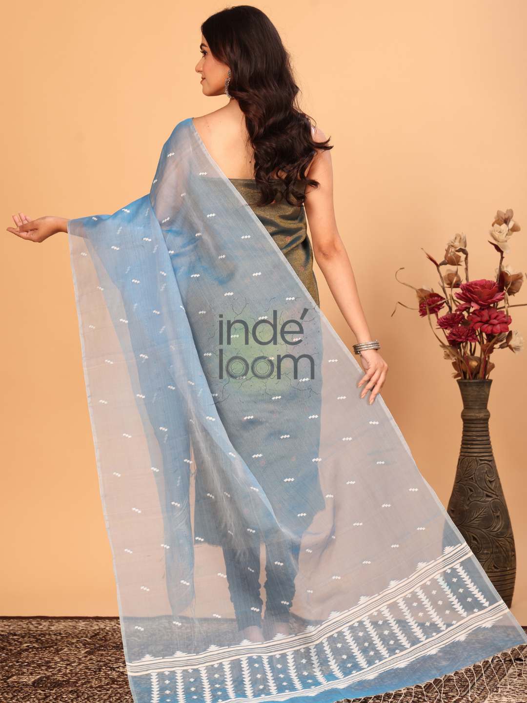 Pure Handloom Muslin Jamdani Dupatta With Light Blue - 025