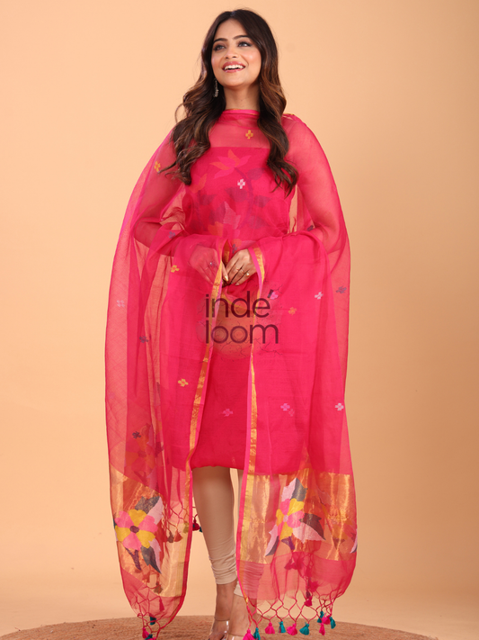 Deep Pink Silk Jamdani 2-Piece Set Kurti & Dupatta (UNSTITCHED) - 067