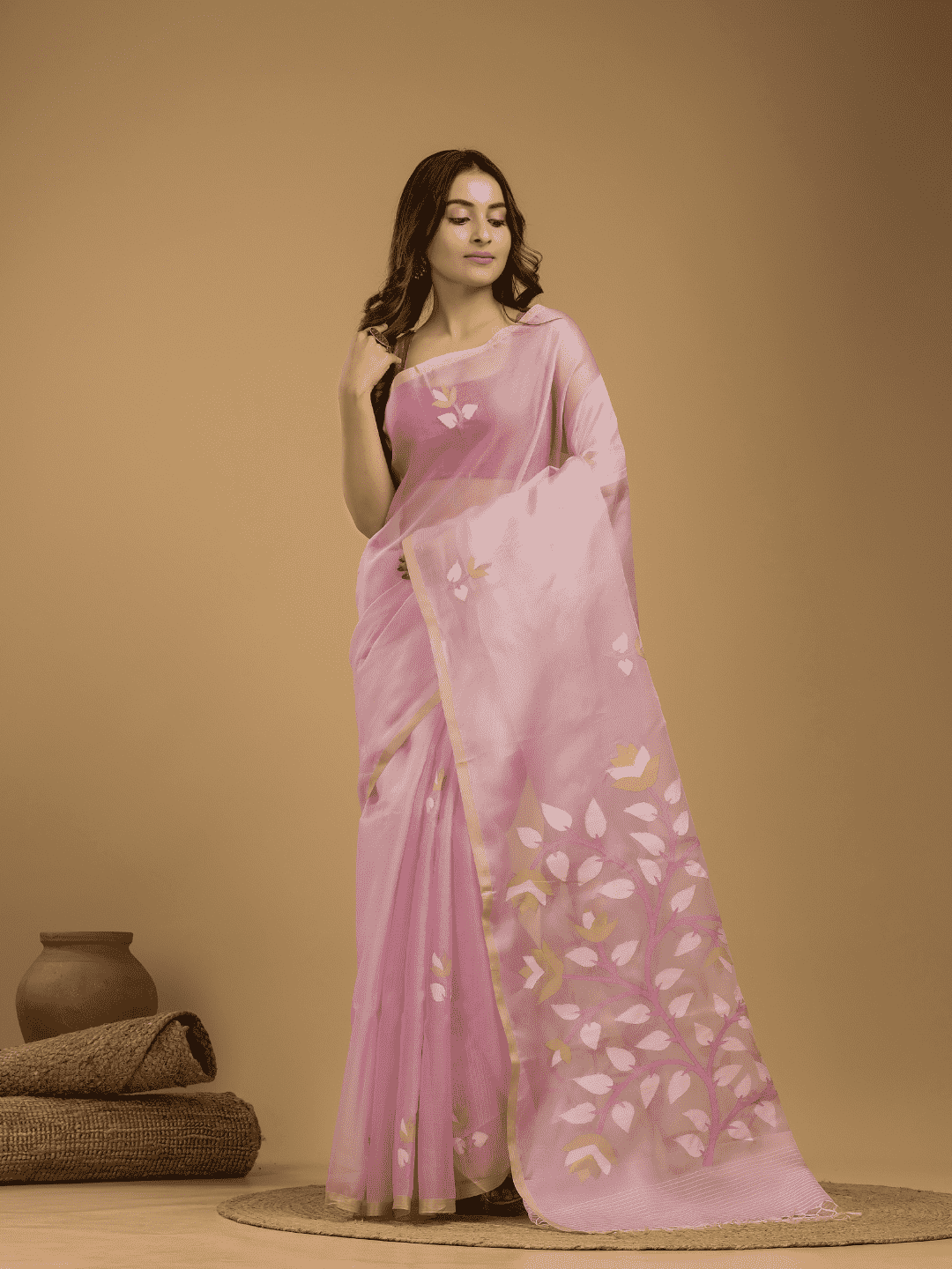 Jamdani Saree With Light Pink - 051 - indeloom