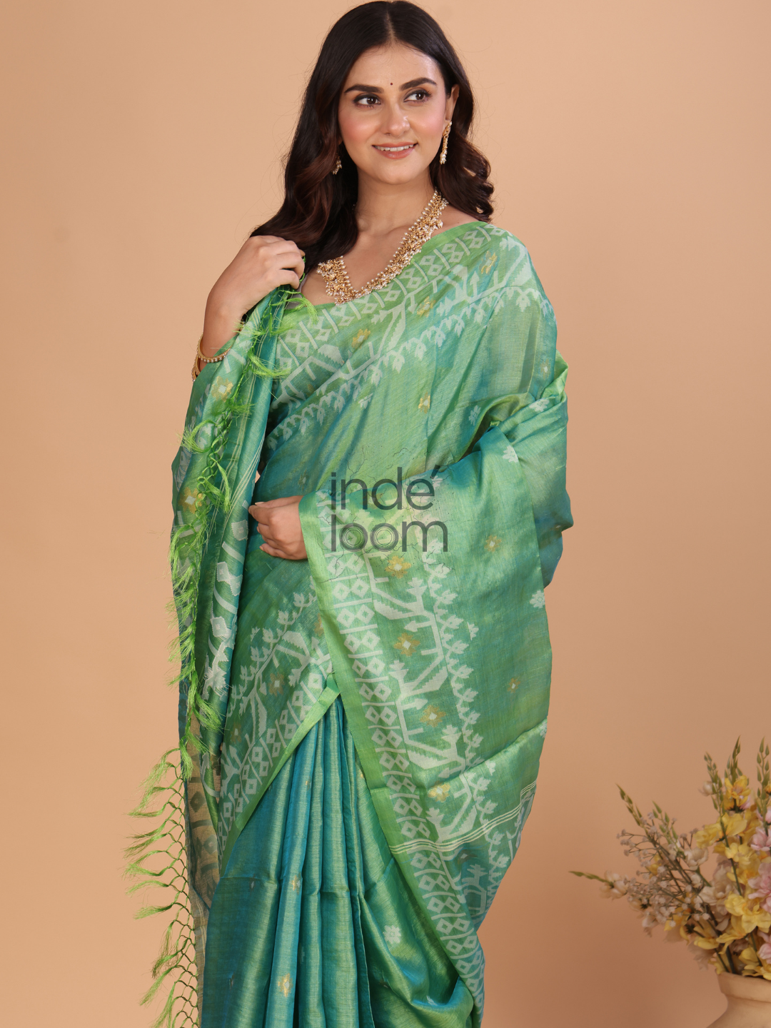 Tissue Silk Jamdani Saree With Shaded Teal Green - 122