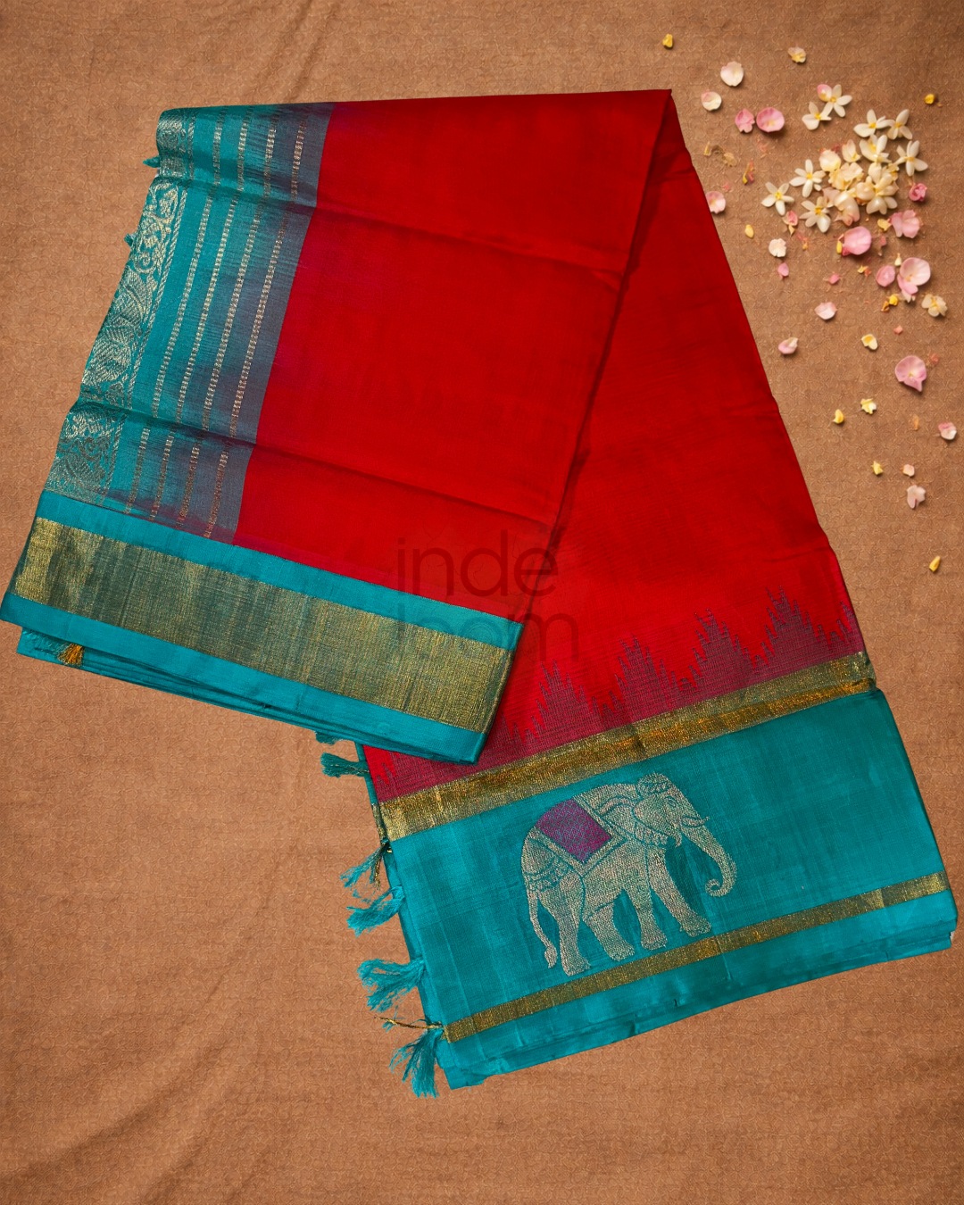Handloom Korvai Silk Cotton Saree  |  Coral Red