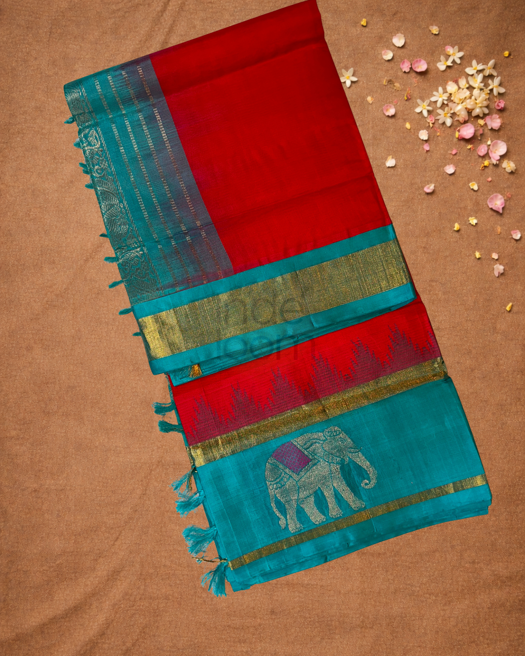 Handloom Korvai Silk Cotton Saree  |  Coral Red