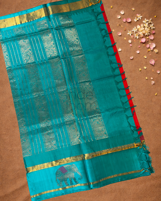 Handloom Korvai Silk Cotton Saree  |  Coral Red