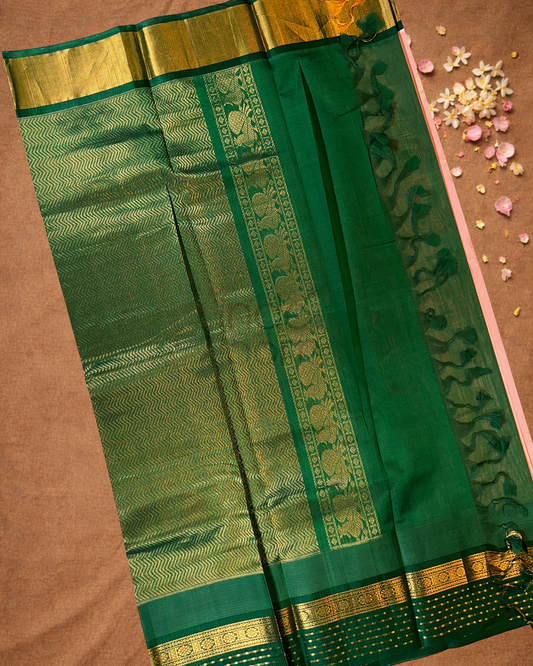 Handloom Korvai Silk Cotton Saree  |  Baby Pink