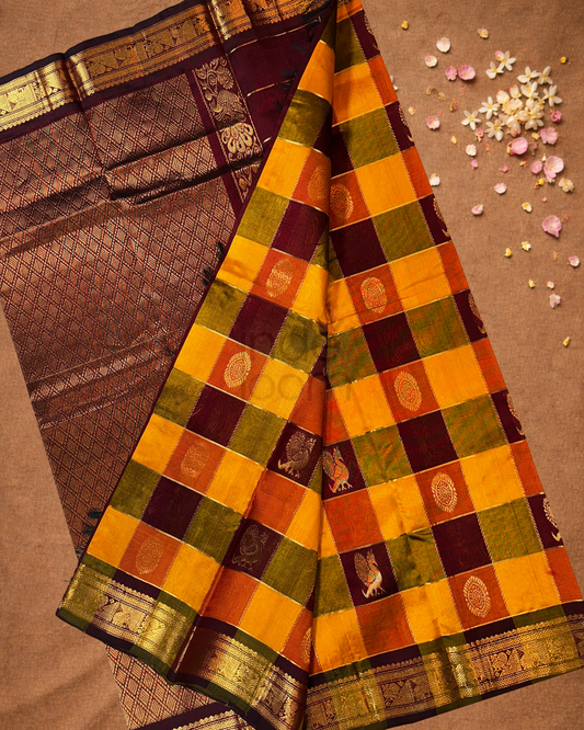 Handloom Korvai Silk Cotton Saree  |  Mustard Yellow