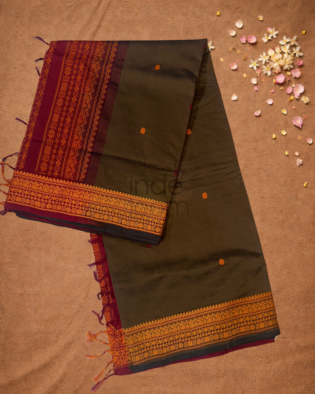 Handloom Korvai Silk Cotton Saree  |  Army Green