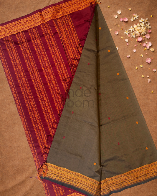 Handloom Korvai Silk Cotton Saree  |  Army Green