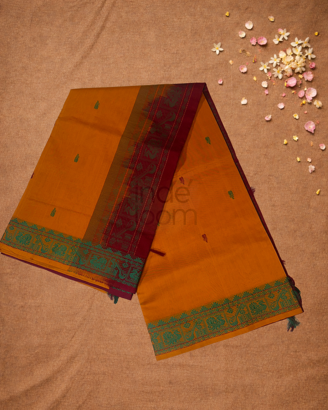 Handloom Korvai Silk Cotton Saree  |  Fire Orange