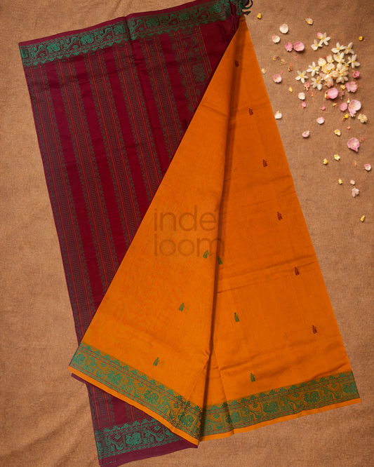 Pure Handloom Korvai Saree | With Honey Orange