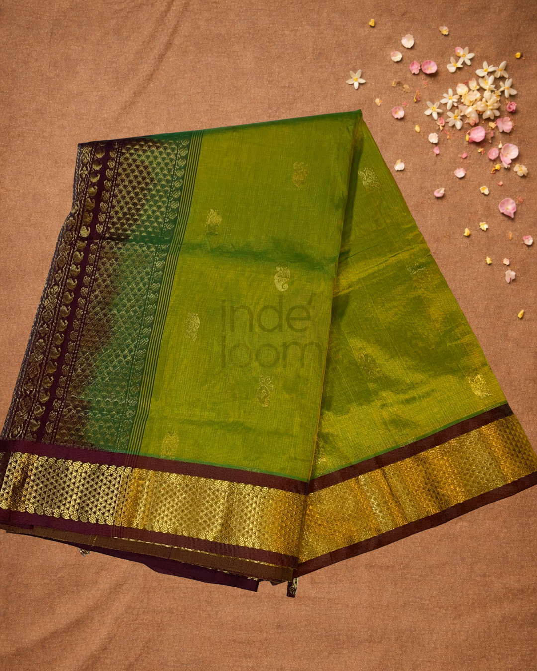 Handloom Korvai Silk Cotton Saree  |  Lime Green