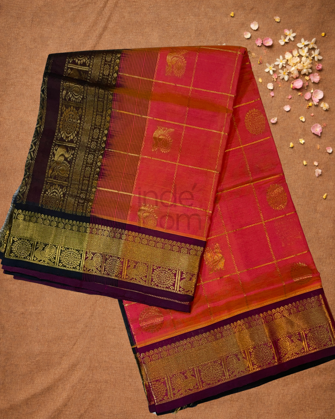 Handloom Korvai Silk Cotton Saree  |  Tomato Red