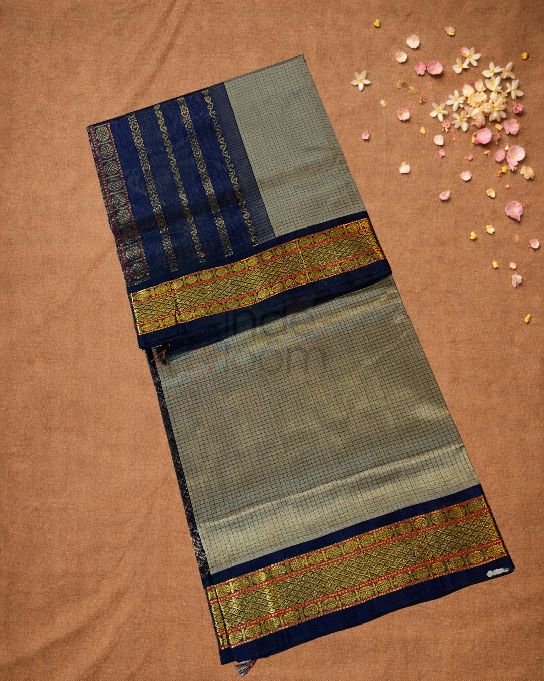 Handloom Korvai Silk Cotton Saree  |  Almond Beige