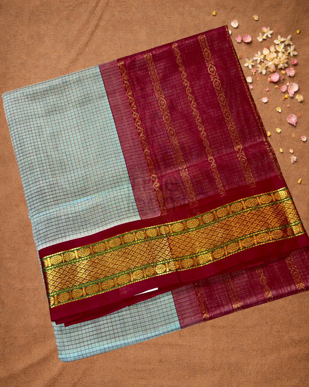 Handloom Korvai Silk Cotton Saree  |  Peacock Teal