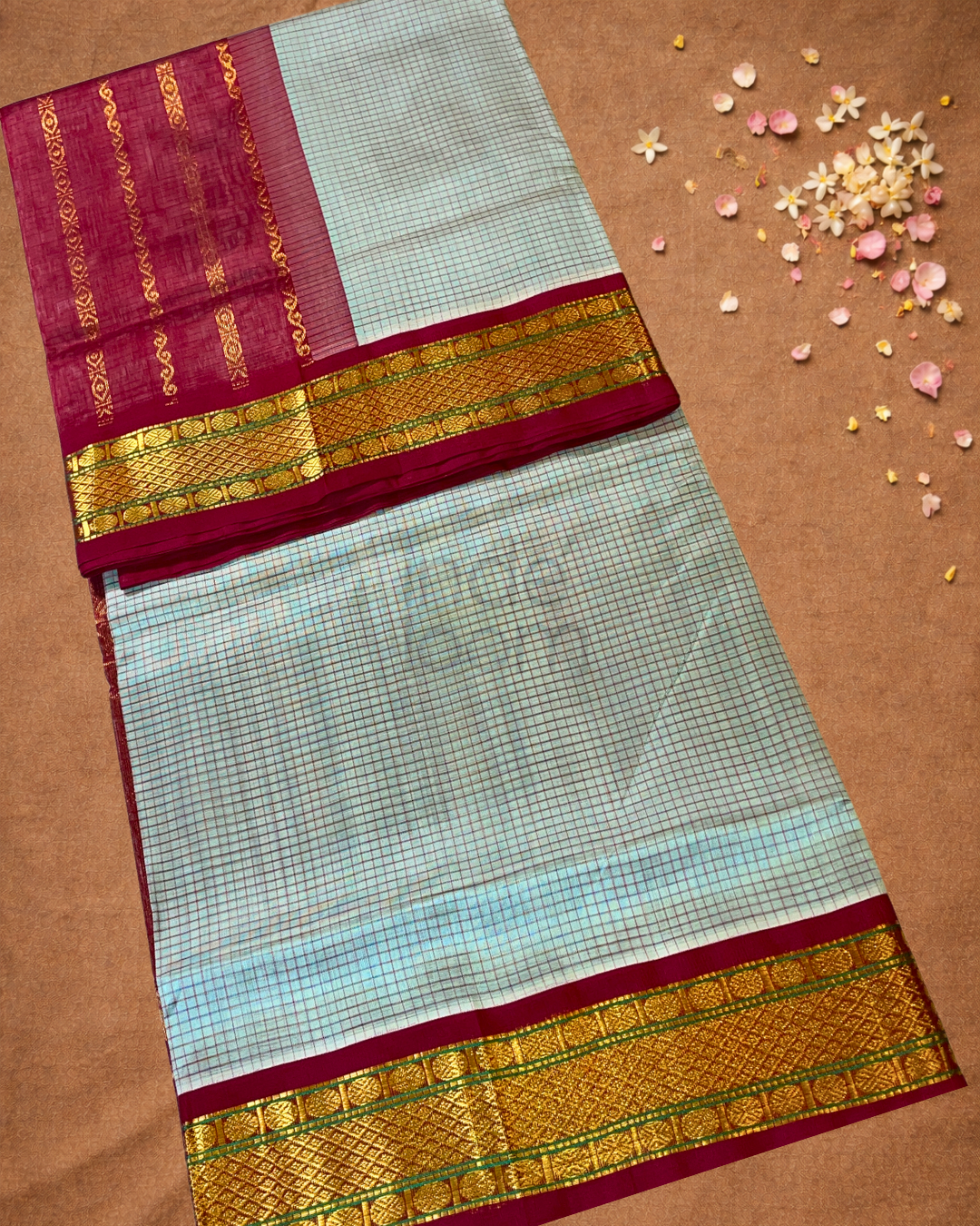 Handloom Korvai Silk Cotton Saree  |  Peacock Teal
