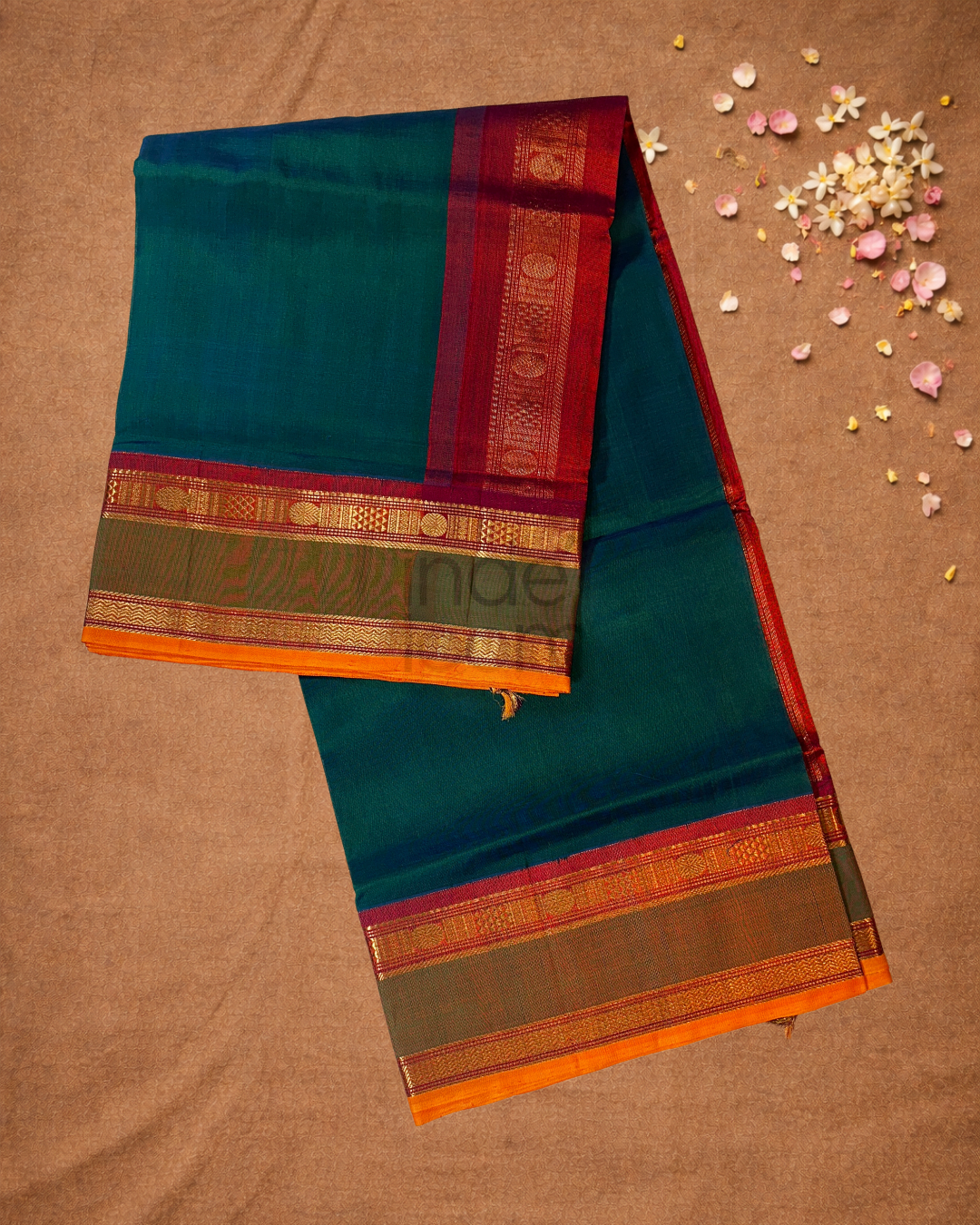 Handloom Korvai Silk Cotton Saree  |  Deep Teal