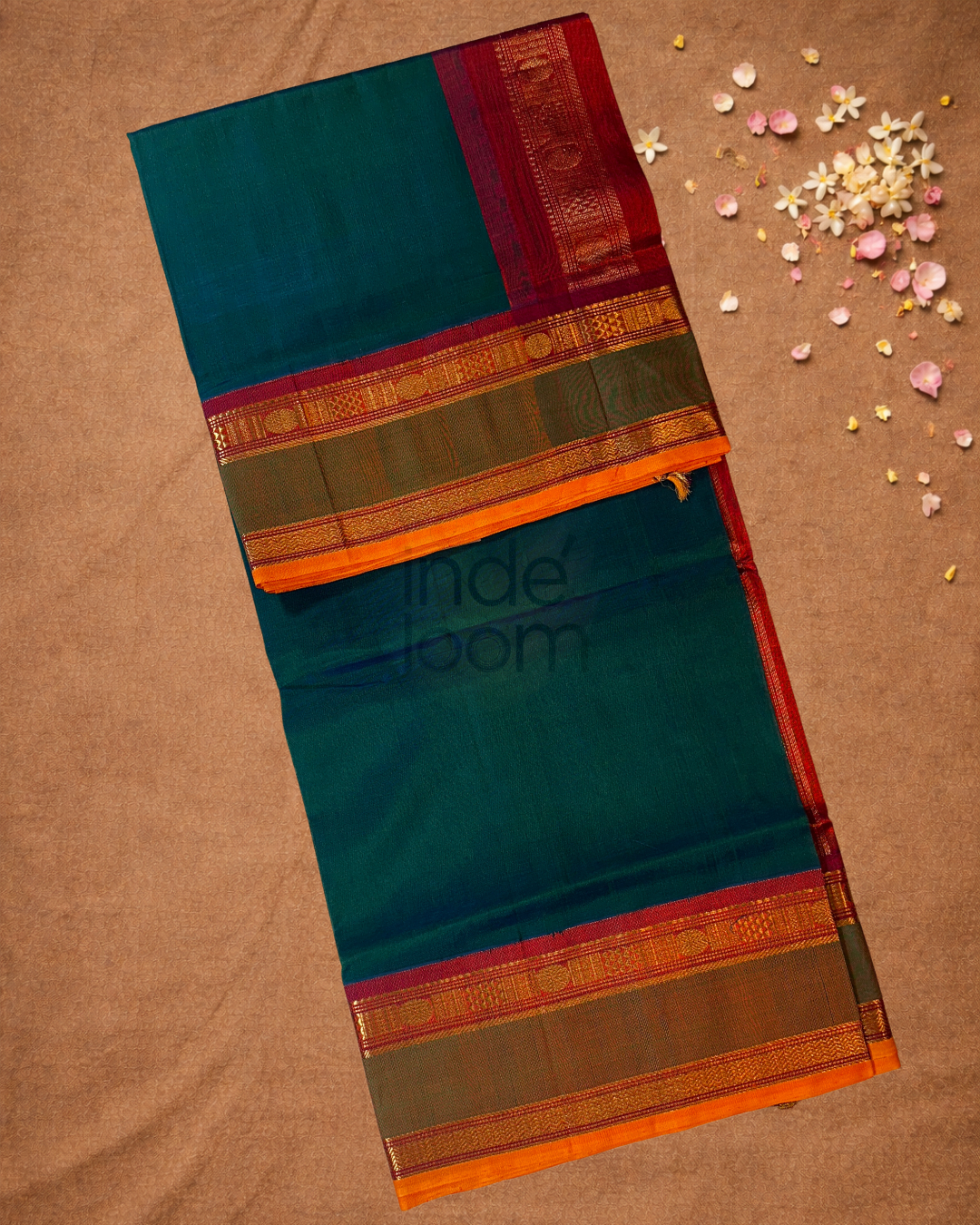 Handloom Korvai Silk Cotton Saree  |  Deep Teal