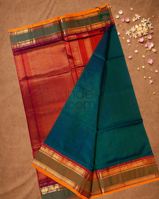 Handloom Korvai Silk Cotton Saree  |  Deep Teal