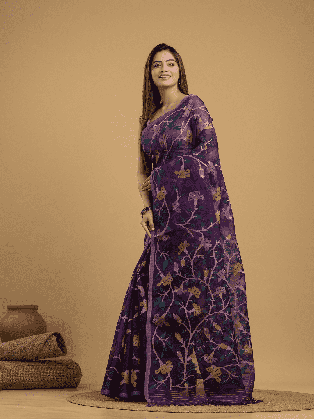 Hand Made Jamdani Saree With  Royal Purple - 036