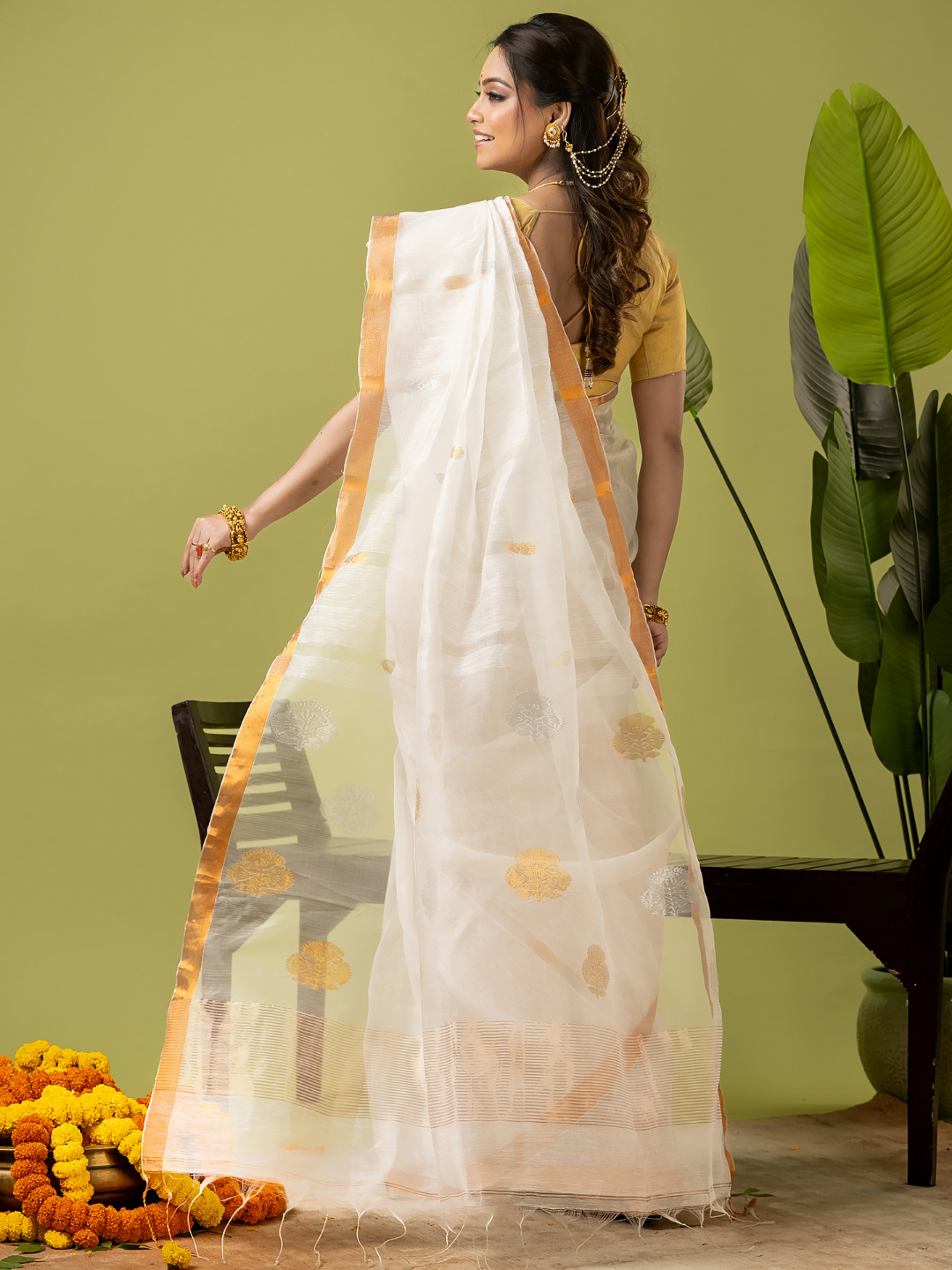 Pure Jamdani Linen Saree | Snow White  and White  | Half and Half style with Contrast Border