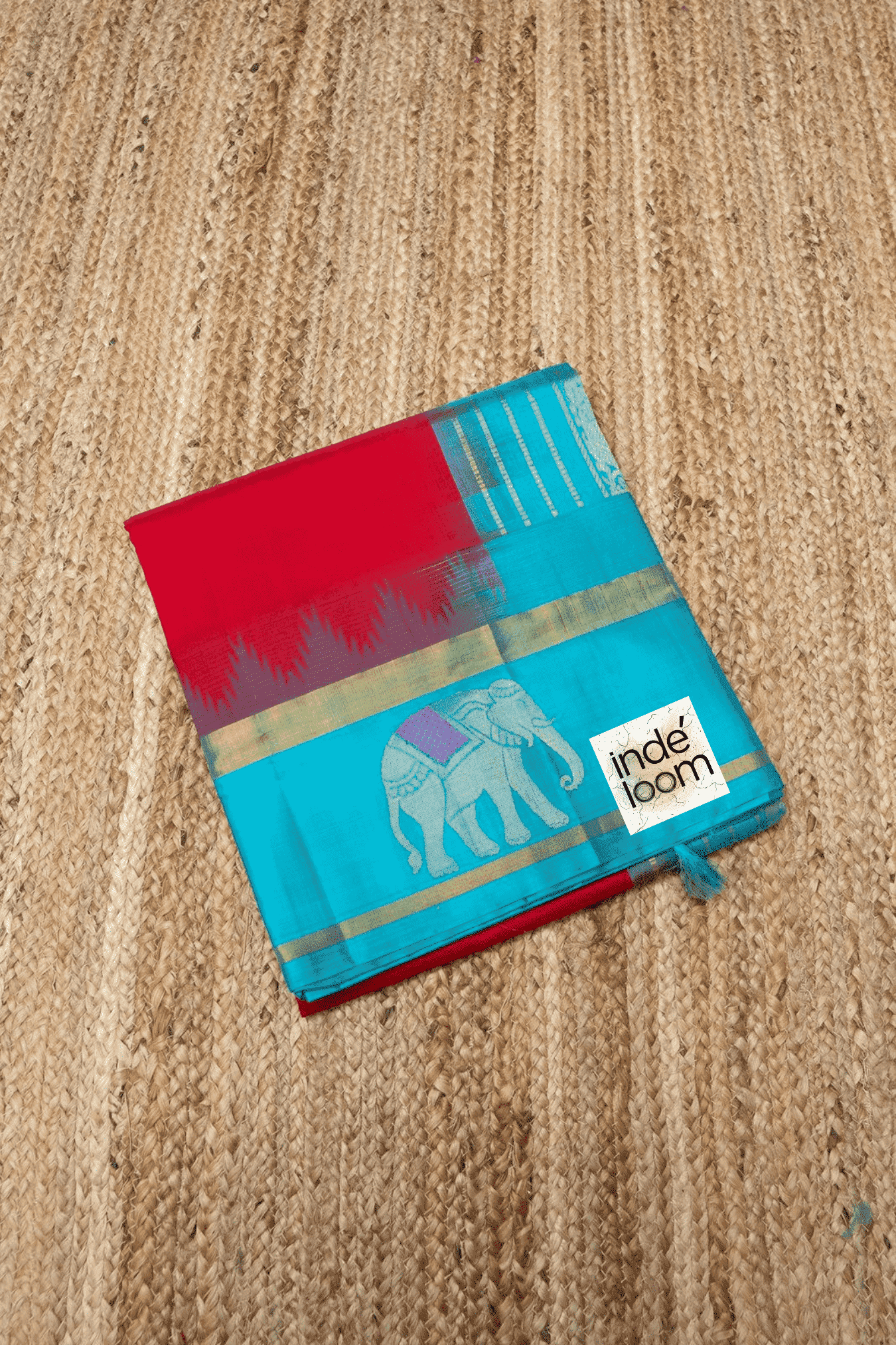 Korvai Saree in Red Saree with Azure Blue Korvai Saree - 067 - indeloom