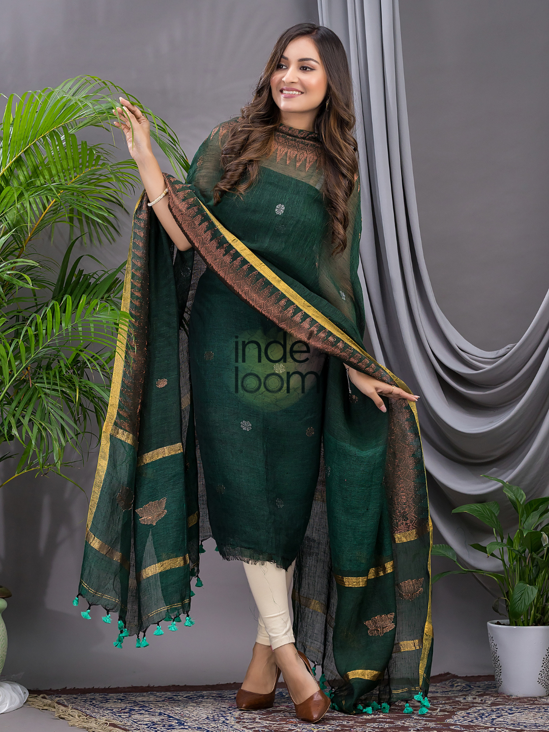 Pine Green Linen X Linen 2-Piece Set Kurti & Dupatta (UNSTITCHED) - 102