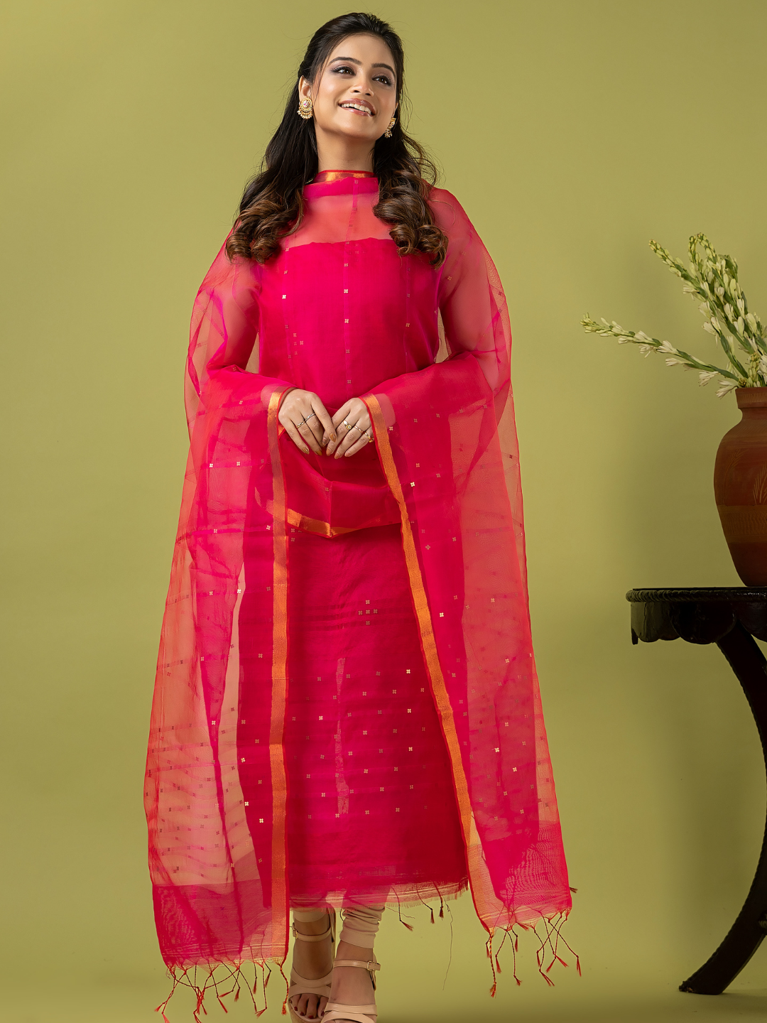 Handwoven Jamdani Muslin Unstitched 2-piece Kurti | Hot Pink