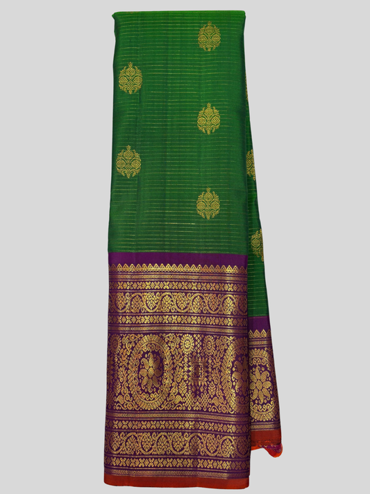 Pure Handwoven Gadwal Silk Saree With Dark Green  - 012
